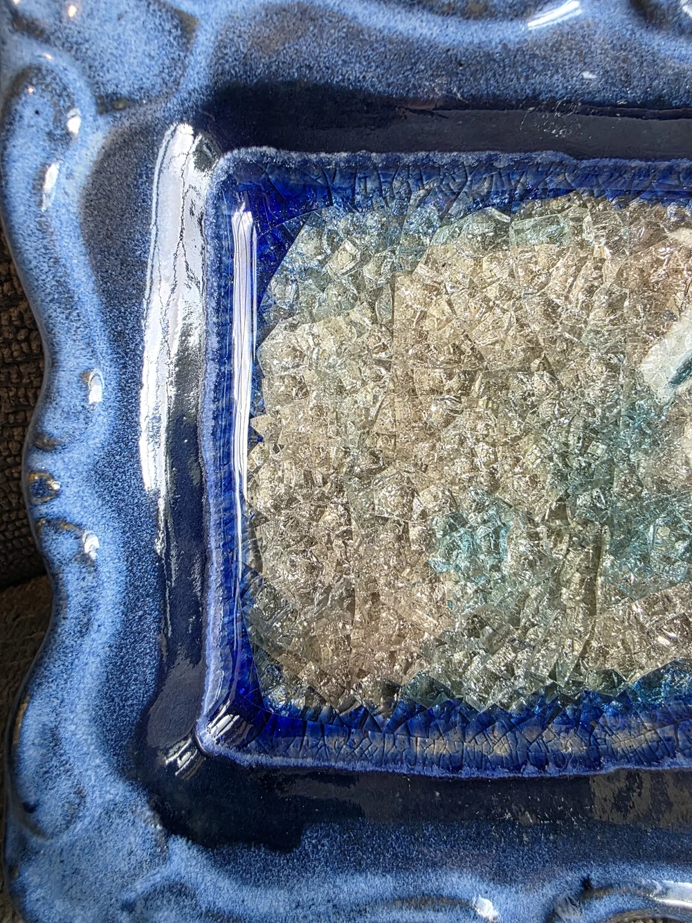 Art Pottery Cobalt Blue Glazed Trinket Dish Crackle Glass Infused Made In USA